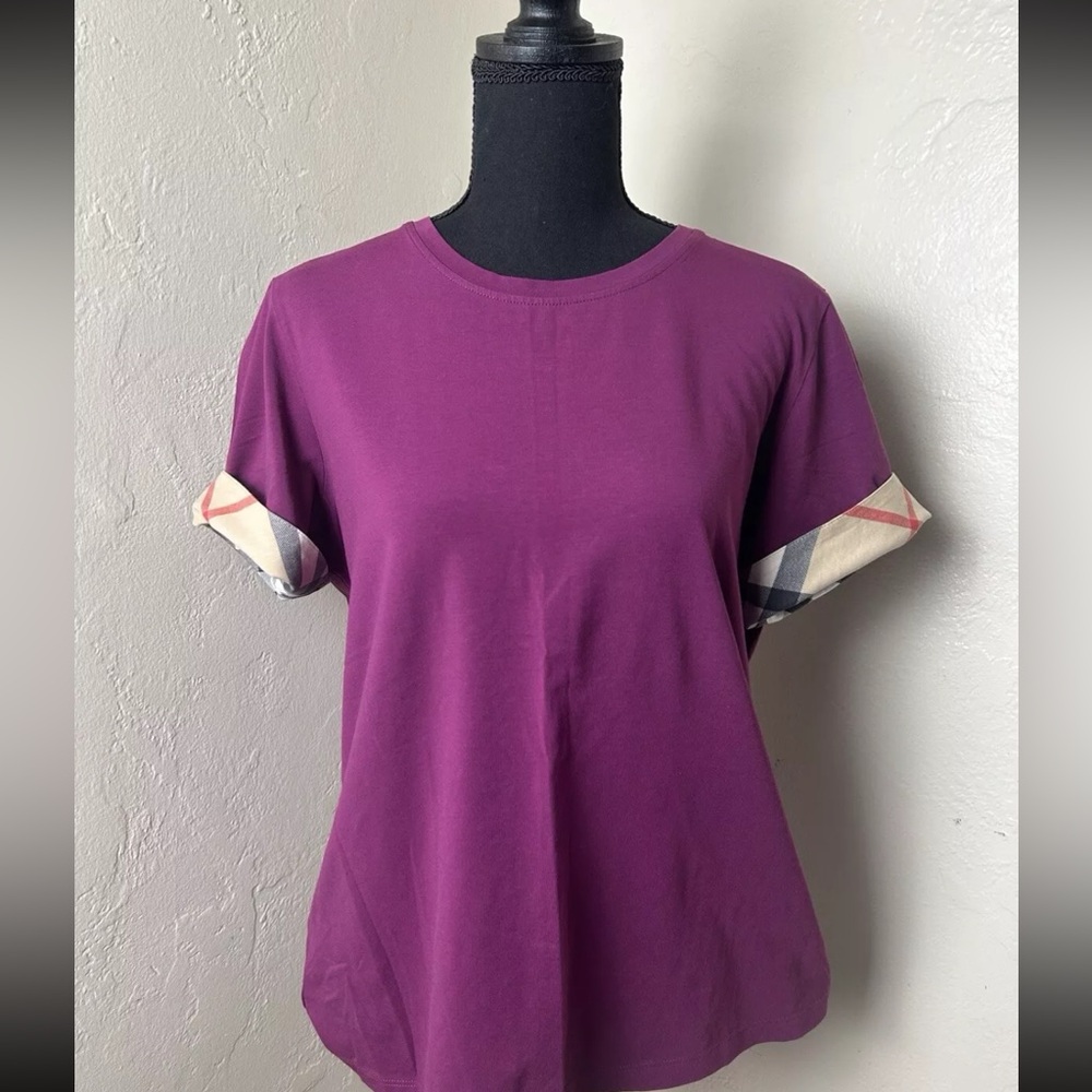 Burberry Ancholme Check Cuff Stretch Short Sleeve T shirt Magenta XL